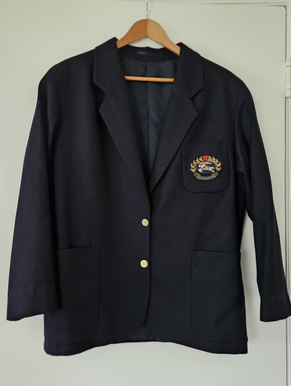 Burberrys Womens Blazer Jacket 12 Reg Crest Vtg Wool Navy Academia Preppy